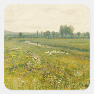 An Extensive Meadow Landscape with Geese Square Sticker