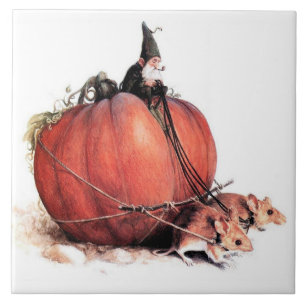 AN GNOME RIDING A PUMPKIN PULLED BY MICE TILE