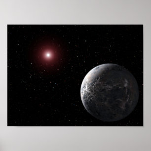 An icy/rocky planet orbiting a dim star poster
