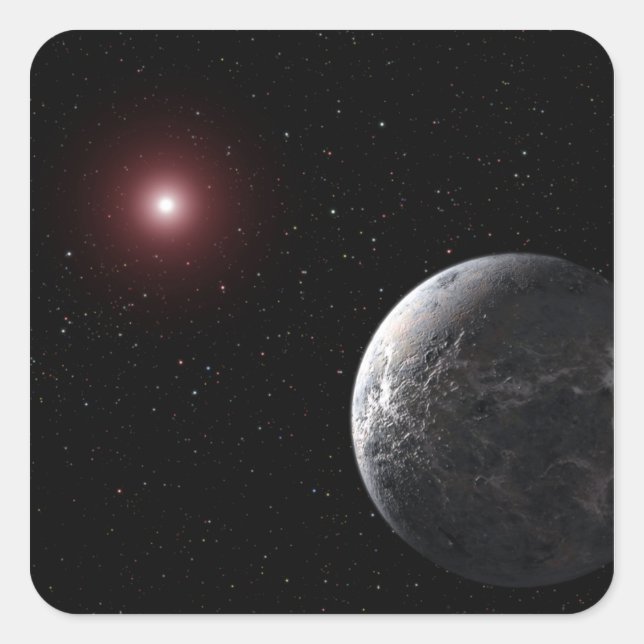 An icy/rocky planet orbiting a dim star square sticker (Front)