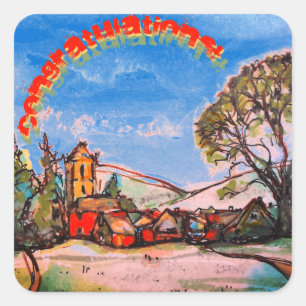 An Idyllic British Village & Rainbow Text Square Sticker