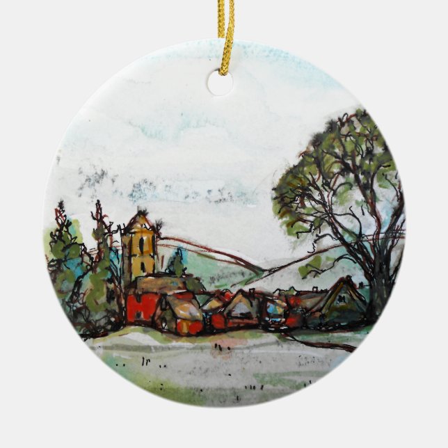 An Idyllic British Village sketch Ceramic Tree Decoration (Front)