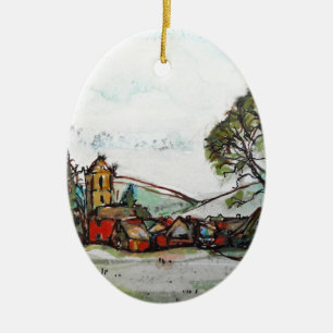 An Idyllic British Village sketch Ceramic Tree Decoration