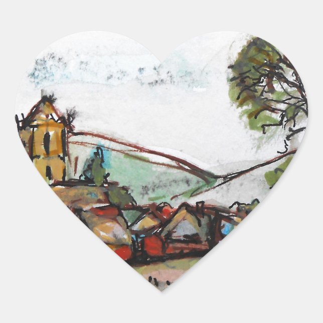 An Idyllic British Village sketch Heart Sticker (Front)