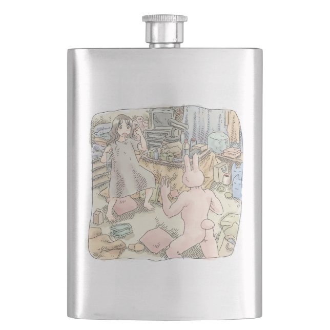 An illustration of a barefoot woman fighting a pin hip flask (Front)