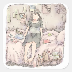 an illustration of a barefoot woman sitting on a p square sticker