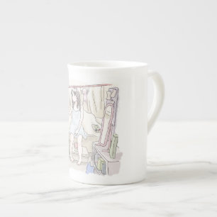 an illustration of a sleeping woman sitting on a b bone china mug