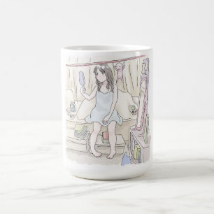 an illustration of a sleeping woman sitting on a b coffee mug