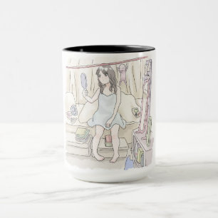 an illustration of a sleeping woman sitting on a b mug