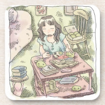 an illustration of a woman clearing a shelf with m
