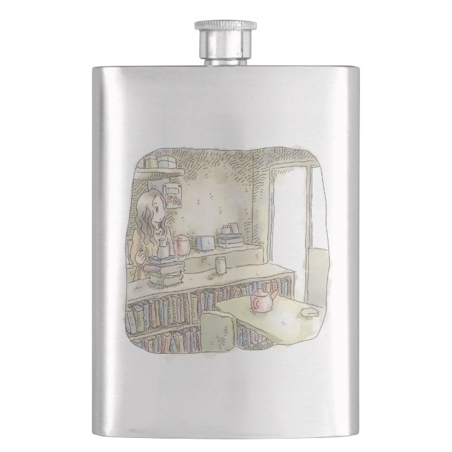 an illustration of a woman in a bright room with a hip flask (Front)