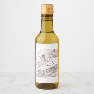 an illustration of a woman lying in a bed in her r wine label
