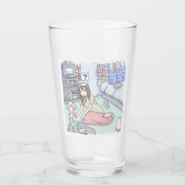 an illustration of a woman sitting in a bedroom wi glass (Front)