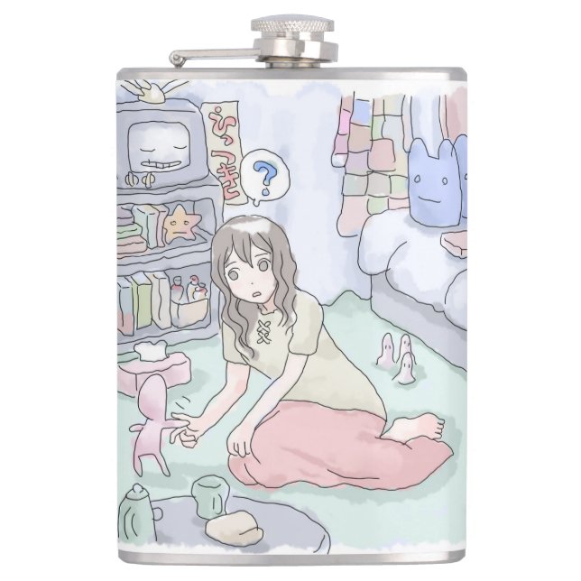 an illustration of a woman sitting in a bedroom wi hip flask (Front)