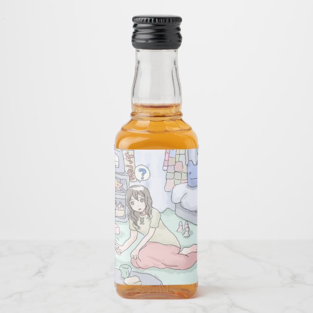 an illustration of a woman sitting in a bedroom wi liquor bottle label (Front)
