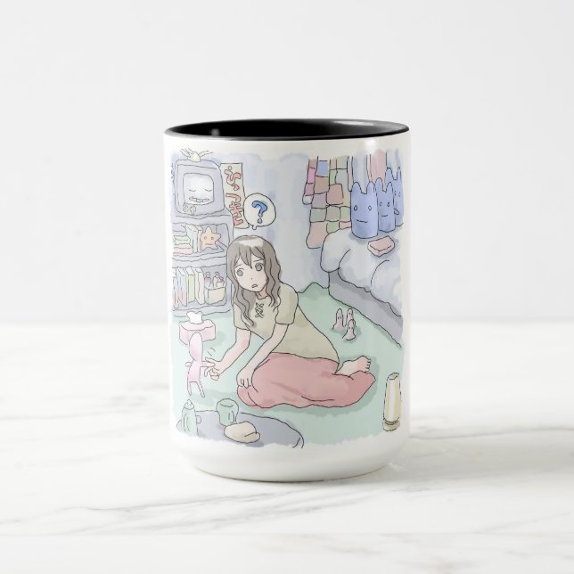 an illustration of a woman sitting in a bedroom wi mug (Center)