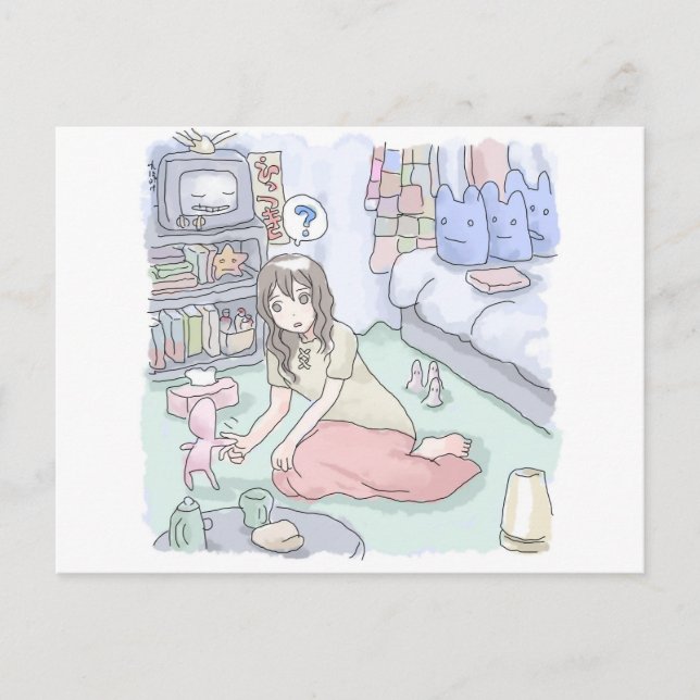 an illustration of a woman sitting in a bedroom wi postcard (Front)