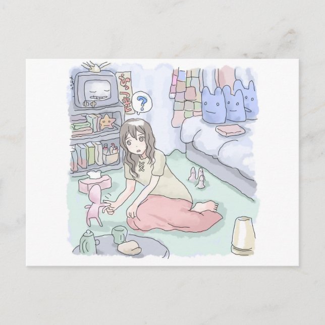 an illustration of a woman sitting in a bedroom wi postcard (Front)