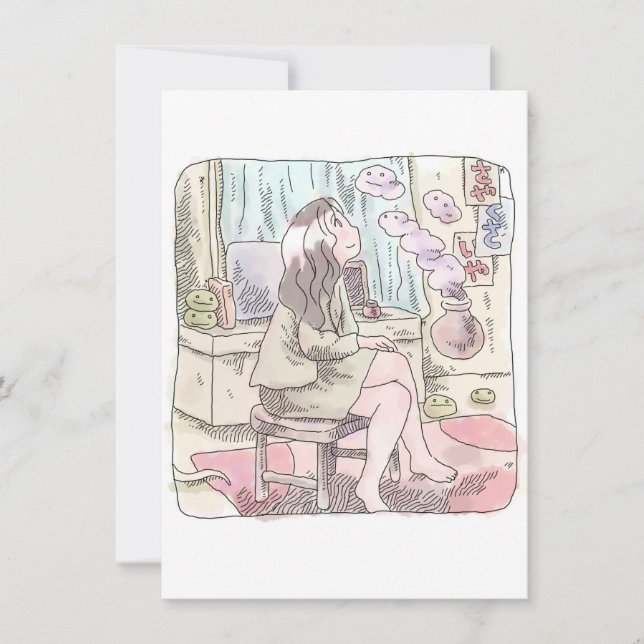 an illustration of a woman sitting in a chair in a card (Front)