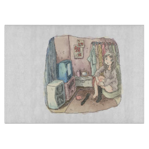an illustration of a woman sitting in a chair in a cutting board