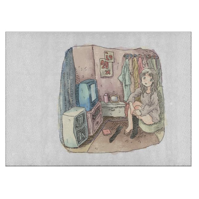 an illustration of a woman sitting in a chair in a cutting board (Front)