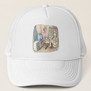 an illustration of a woman sitting in a chair in a trucker hat