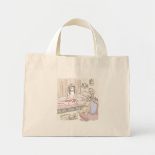 an illustration of a woman sitting languidly on a  mini tote bag