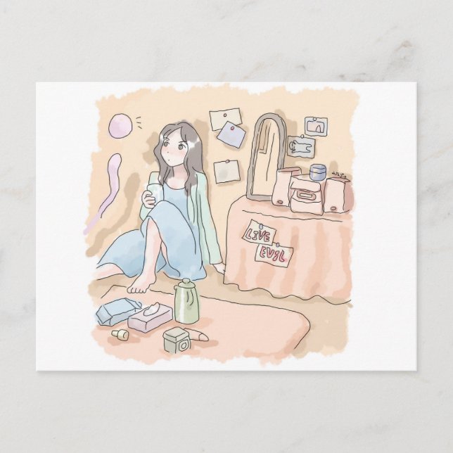 an illustration of a woman sitting on the wall of  postcard (Front)