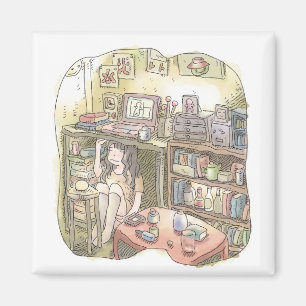an illustration of a woman sitting under a working magnet