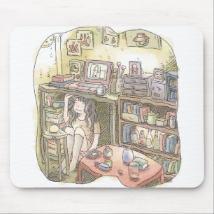 an illustration of a woman sitting under a working mouse mat
