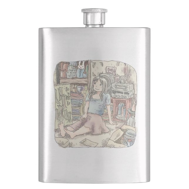 an illustration of a woman sneaking into the front hip flask (Front)