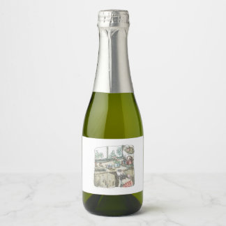 an illustration of a woman who looks down on a she sparkling wine label