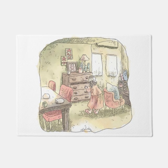 an illustration of a woman who opens a drawer of a doormat (Front)