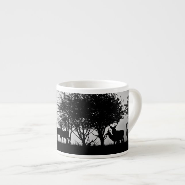 An image of some deer in the morning mist espresso cup (Front Right)