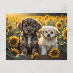 An image of two puppies in sunflowers field postcard