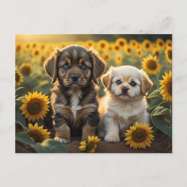 An image of two puppies in sunflowers field postcard (Front)
