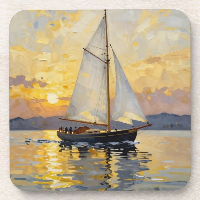 An Impasto Illustration of a Sailboat at Sunset Coaster (Front)