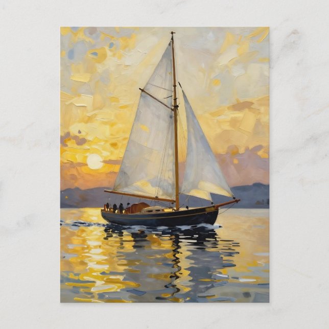 An Impasto Illustration of a Sailboat at Sunset Postcard (Front)