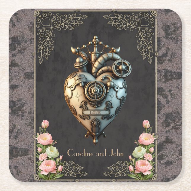 An impressive steampunk heart  square paper coaster (Front)