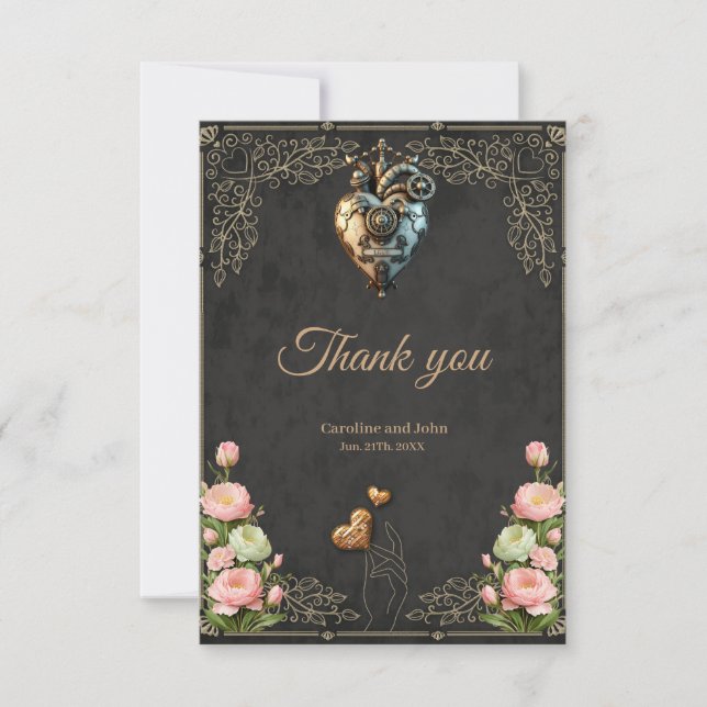 An impressive steampunk heart  thank you card (Front)