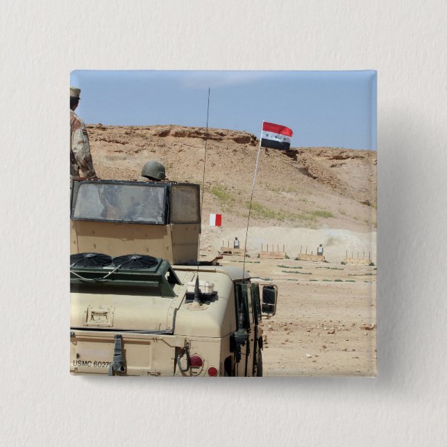 An instructor watches as an Iraqi army soldier 15 Cm Square Badge (Front)