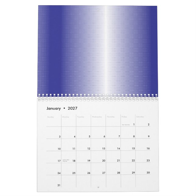 An intricate blue geometric pattern with symmetric calendar (Jan 2027)