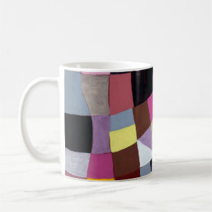 An irregular grid painting, with violets and yello coffee mug