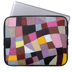 An irregular grid painting, with violets and yello laptop sleeve