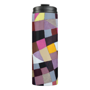 An irregular grid painting, with violets and yello thermal tumbler