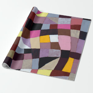 An irregular grid painting, with violets and yello wrapping paper