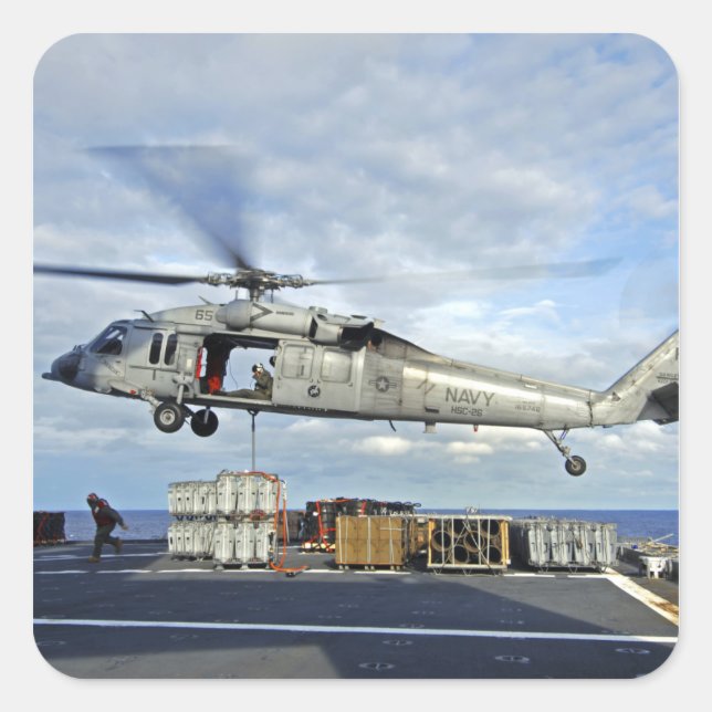 An MH-60S Seahawk prepares to deliver ammunitio Square Sticker (Front)