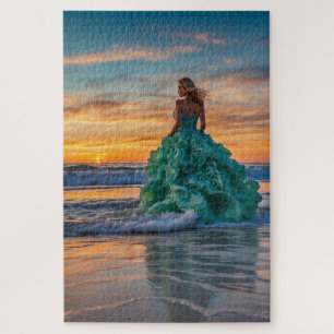 An Ocean Sunset Scene with a Woman in Surf Jigsaw Puzzle