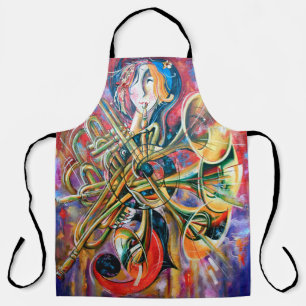 An oil painting on canvas. Music, the girl plays m Apron
