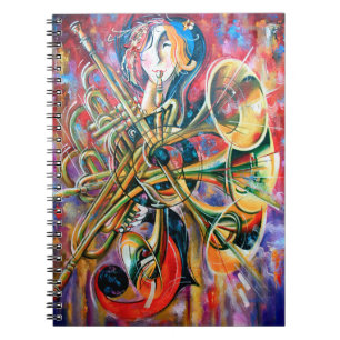 An oil painting on canvas. Music, the girl plays m Notebook